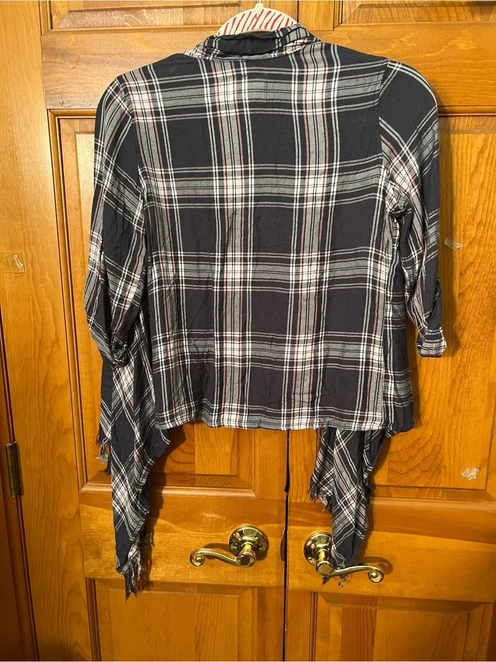 Justice Black Plaid Open-Front Fringe Cardigan